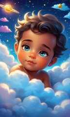 Fototapeta premium Dreamy child amongst stars and clouds with enchanting night sky