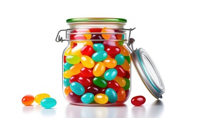 Colorful jelly beans in jar with lid open isolated on white background