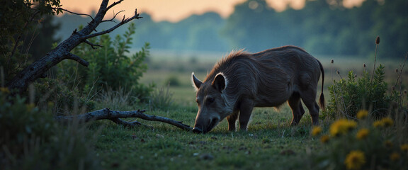 Fototapeta premium Wild boar foraging in dense underbrush at dusk, nature's mystery