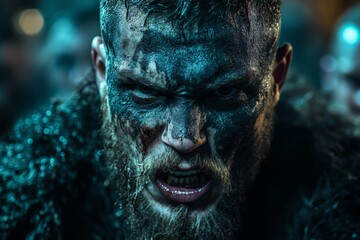 Fototapeta premium Intense warrior faces battle with fierce determination in a dramatic, dark setting