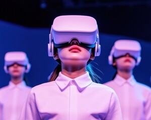 Neon Immersive VR Fitness Class High-Tech Gym with Adults in Uniform VR Headsets in Seoul - Futuristic Wellness and Health Innovation