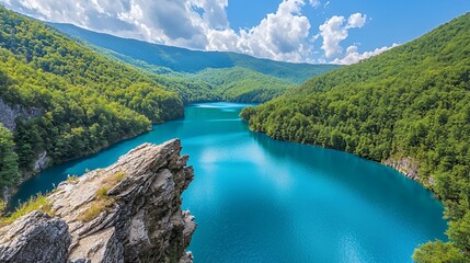 Aerial View of a Serene Blue Lake Surrounded by Lush Green Mountains under a Sunny Sky