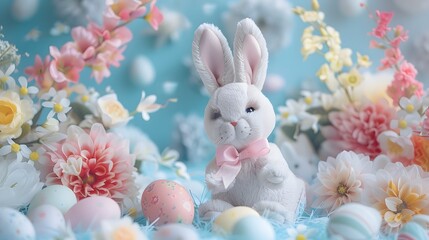 An adorable Easter bunny with a pink bow in a playful coquette style, sitting amidst a spread of pastel eggs and spring flowers.