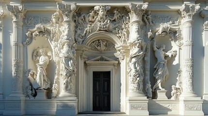 Fototapeta premium Ornate white stone facade, classical statues, grand entrance.