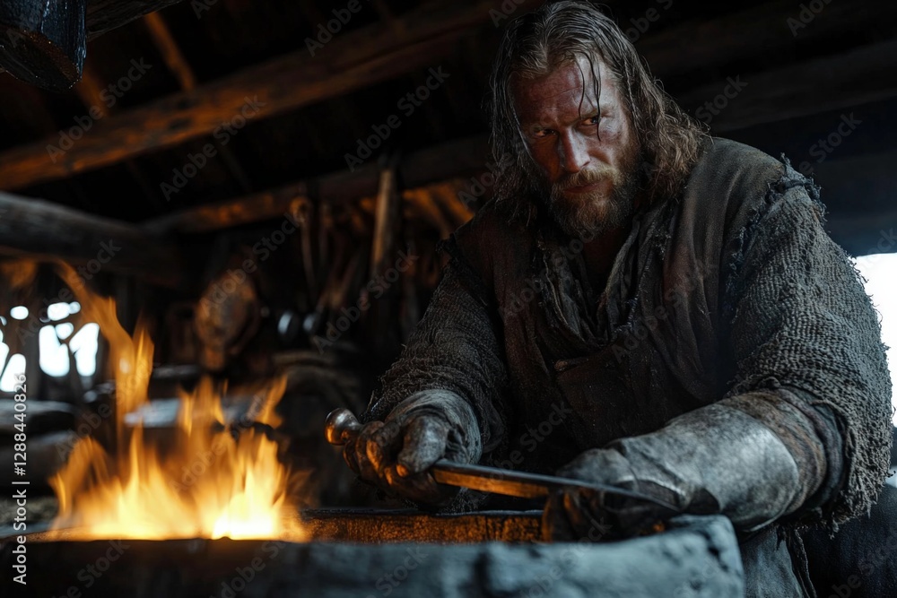 Poster skilled blacksmith forging a sword in a rustic workshop surrounded by fire and tools during the even