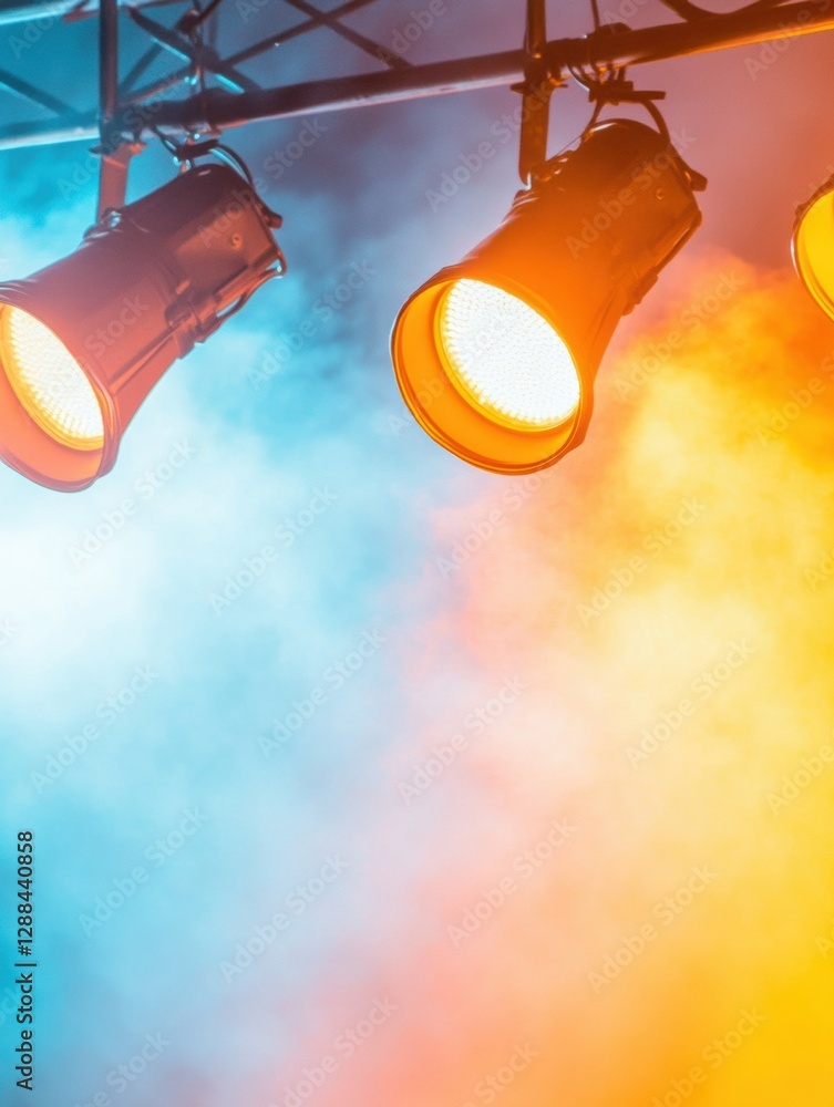 Poster dynamic stage lighting display led beams through atmospheric haze and metal rigging for immersive ev