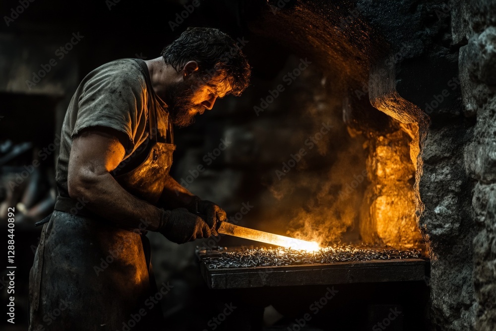 Poster blacksmith shaping a blade in a dimly lit workshop during evening hours