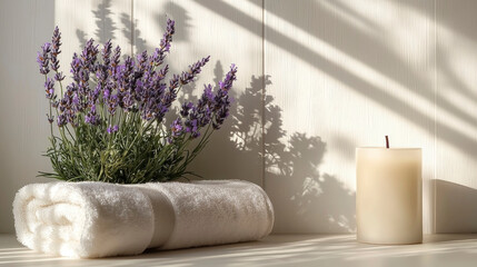 This spa corner showcases soft towels, a lavender arrangement, and a gentle candle, creating a tranquil atmosphere of relaxation in a sunlit setting