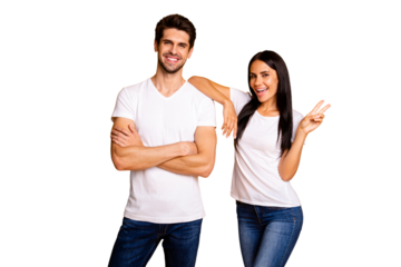 Photo of amazing couple working together best team showing v-sign symbol wear casual t-shirts and jeans isolated yellow color background