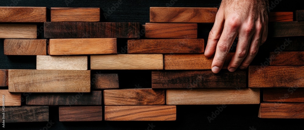 Poster modern business strategy display hands arranging wooden blocks on dark surface - professional develo