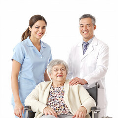 Fototapeta premium A woman in a blue shirt is smiling at a man in a white coat