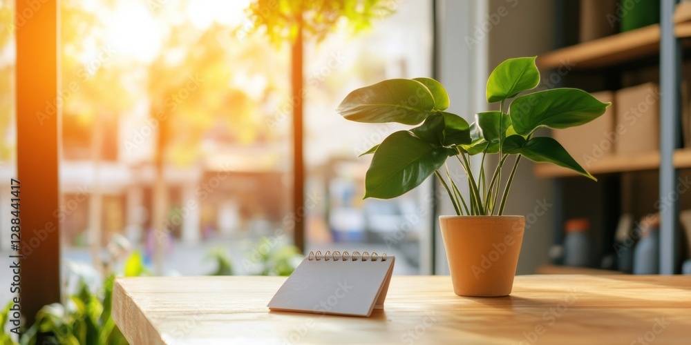 Poster sunlit eco workspace wooden counter with potted greenery and notepad - inspiring design for sustaina