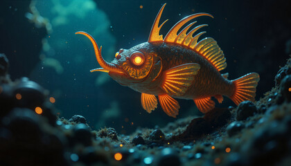 Glowing dragonfish swimming in dark abyss, mysterious ocean life