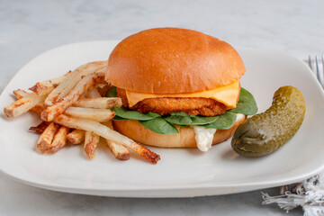 chicken patty  with  french fries and pickle