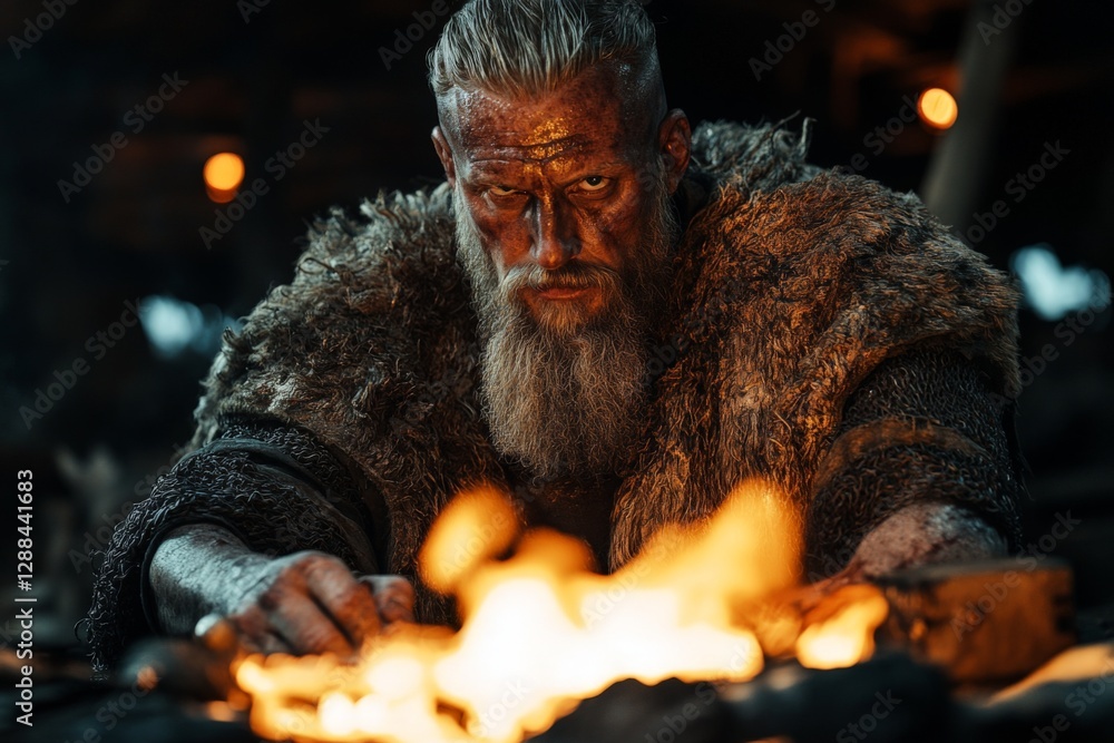Aufkleber skilled craftsman forges weapons beside a roaring fire in an ancient workshop during twilight hours