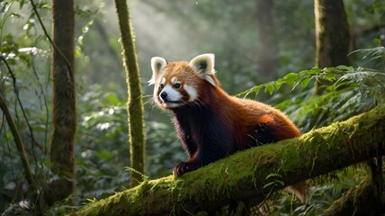 Adorable Red Panda Resting on a Moss-Covered Tree Branch in a Misty Forest