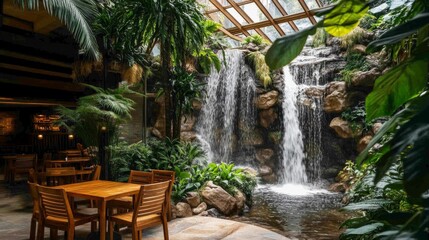 Fototapeta premium Serene Waterfall Garden Restaurant Interior