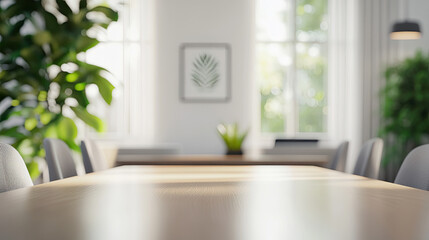Bright Minimalist Office Interior Design with Wooden Table and Plants