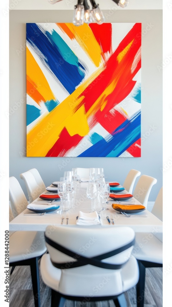 Poster contemporary elegance intimate dining table with abstract wall art and white linens - connecting mod