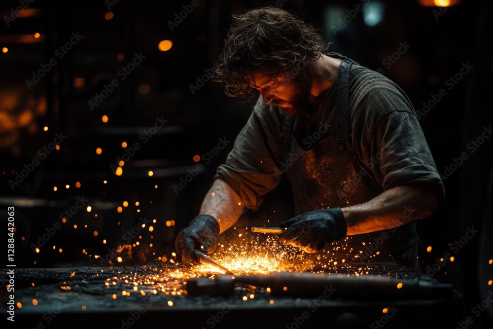 Poster blacksmith at work creating intricate metal designs in a forge filled with sparks and glowing embers