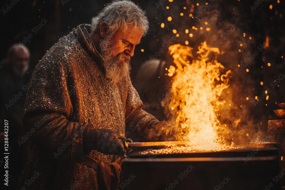 Poster skilled blacksmith working with molten metal in a forge at dusk surrounded by glowing sparks and tra