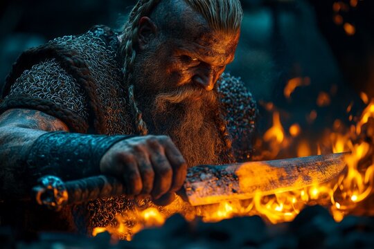 Warrior forges a sword in flames under glowing embers during a medieval craftsmanship session