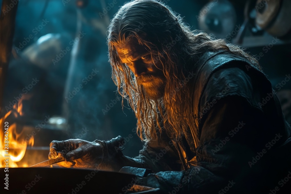 Poster blacksmith working with fire in a dimly lit forge, concentrating on shaping metal during a medieval-