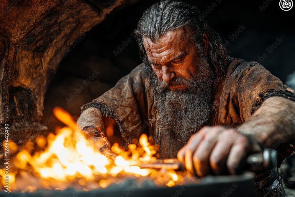 Poster blacksmith crafting metal in an ancient forge during the day with glowing embers and intense focus