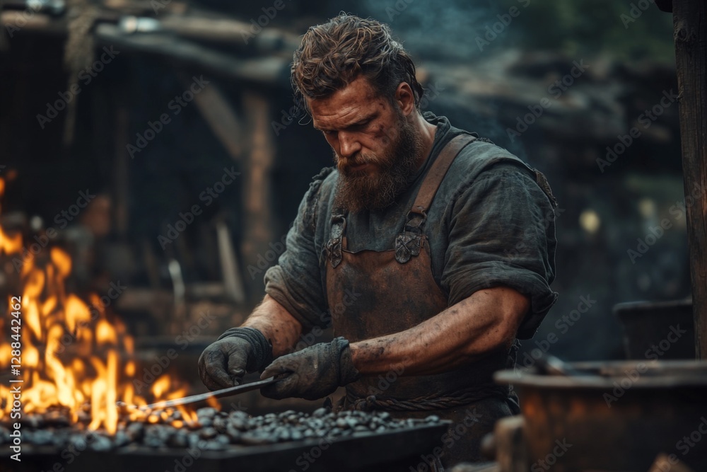 Poster Crafting tools in a rustic forge with fire in a historical setting during daytime
