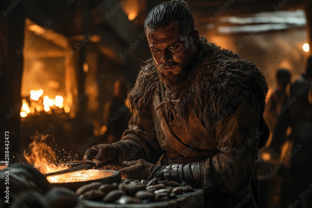 Poster blacksmith crafts intricate weapons amid glowing forge in a medieval workshop