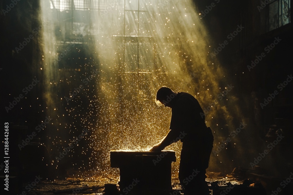 Poster Craftsman at work in a workshop illuminated by rays of sunlight creating a mesmerizing display of particles