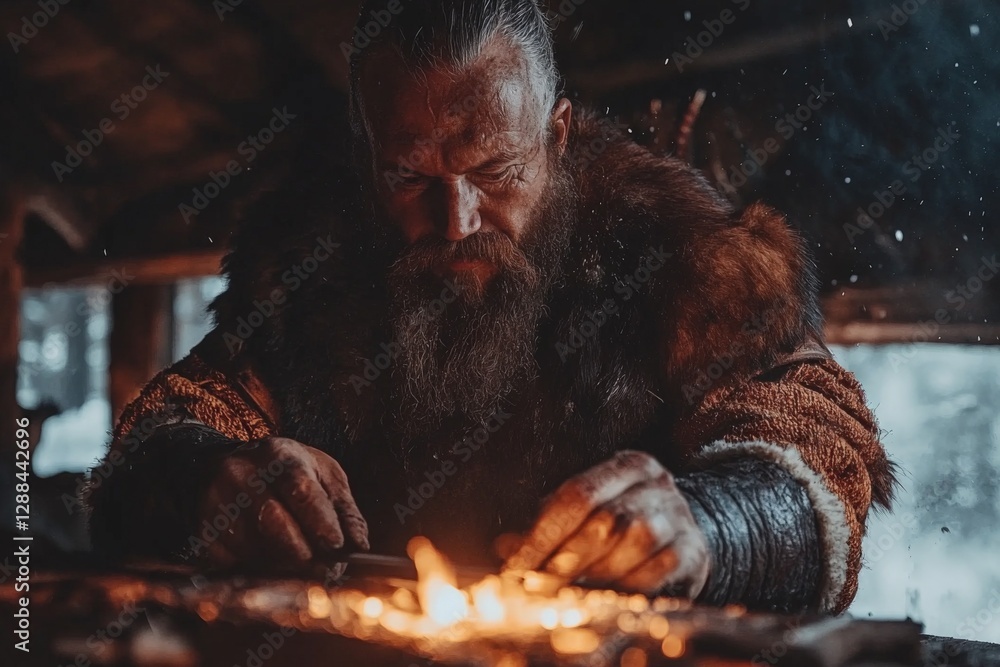Poster blacksmith crafting metal with intense focus in a rustic workshop during winter