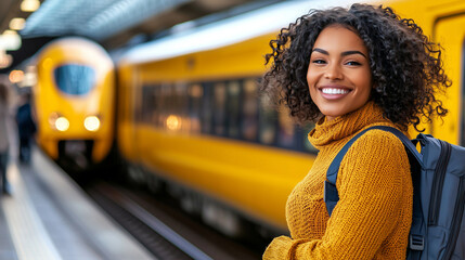 A joyful traveler awaits at a bustling train station with a yellow train