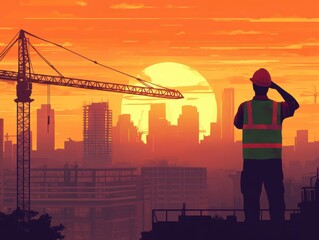 Construction Worker Silhouetted Against a Vibrant Sunset Over a City Skyline
