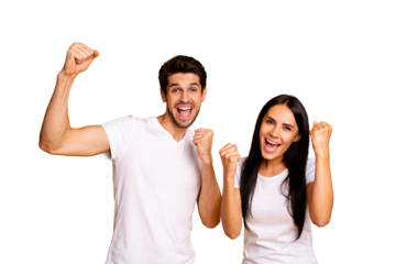 Photo of amazing screaming couple celebrating favorite football team winning wear casual t-shirts isolated yellow color background