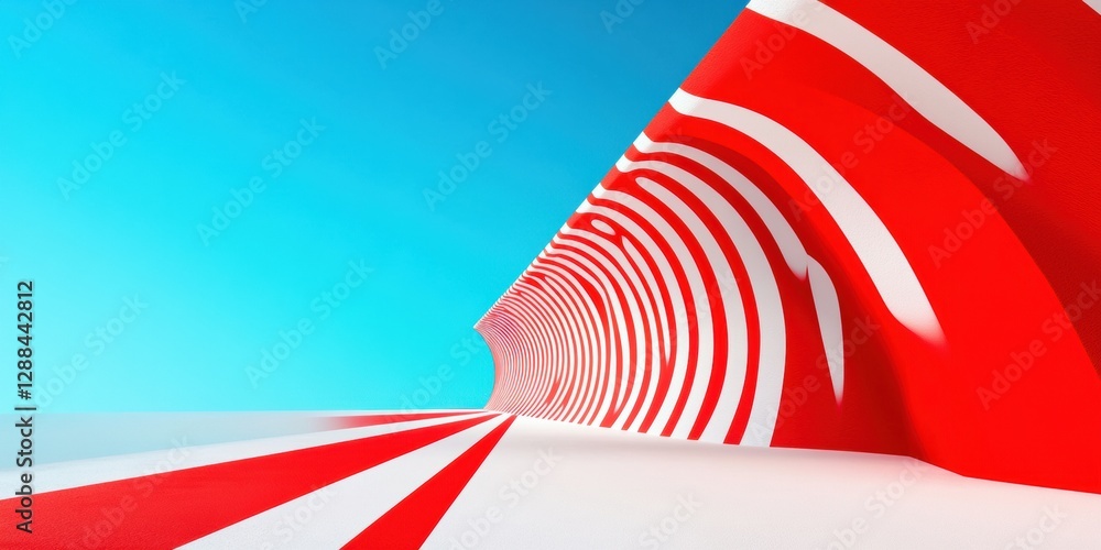 Poster abstract red and white curved structure on blue sky horizon - modern architectural design for dynami