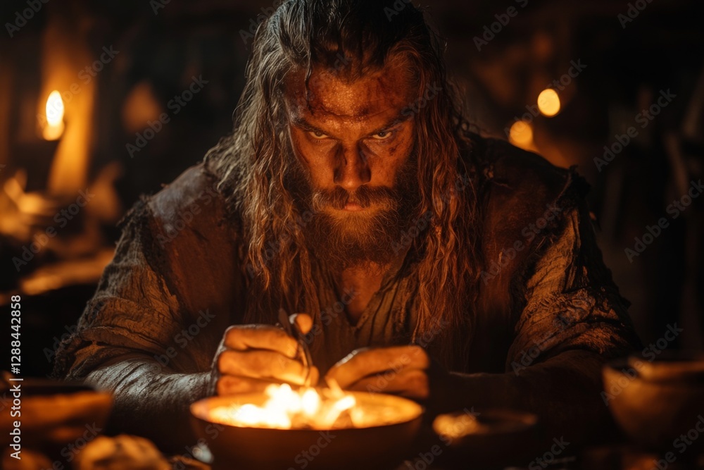 Aufkleber intense focus in a dimly lit workshop as an artisan skillfully carves small details into a piece of 