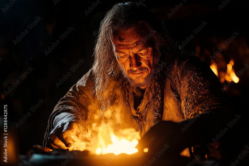 Poster Craftsman working intently at his forge in a dimly lit workshop during the evening hours