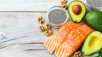Keto and Paleo Superfoods: Fresh Salmon, Avocado, Nuts, and Seeds for Clean Eating and Wellness