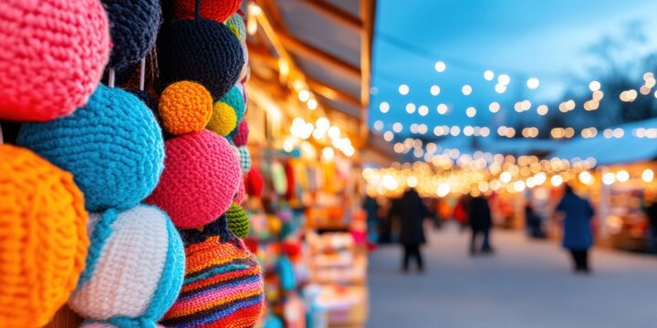 Vibrant Handcrafted Textiles in Night Market Stalls Illuminated Bazaar with Knitted Merchandise and Wooden Canopies - Cultural Commerce and Urban Retail Experience