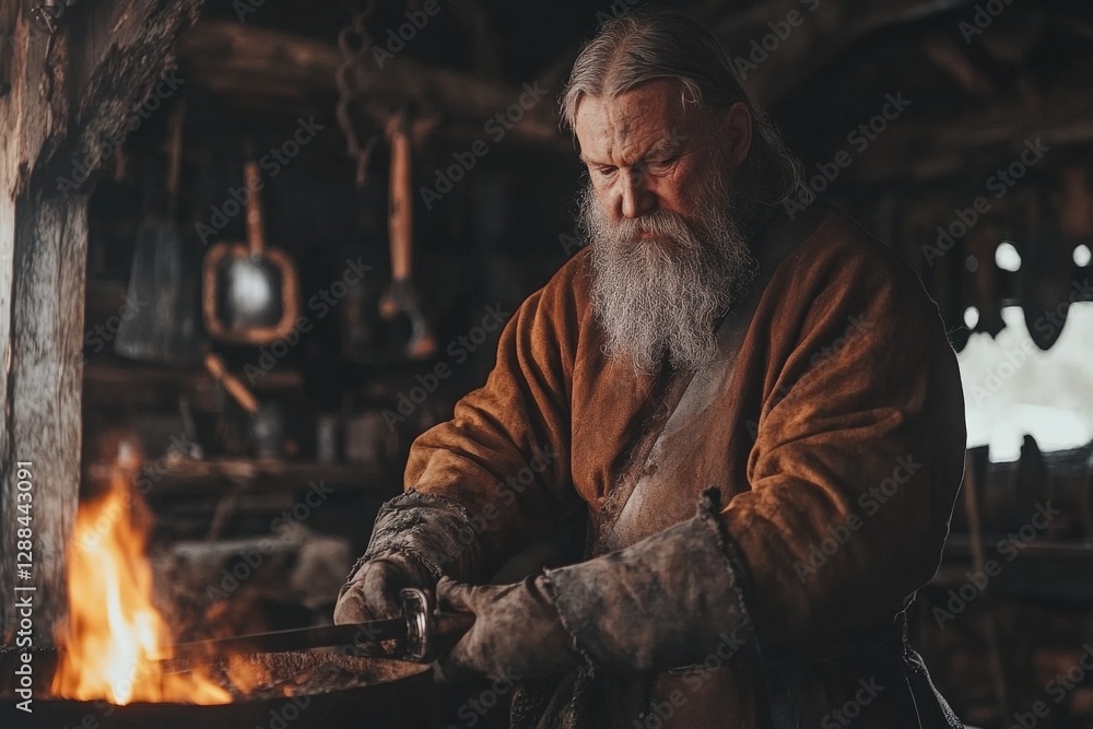 Poster skilled blacksmith crafts metal tools by the forge in a rustic workshop during winter