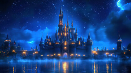 Fototapeta premium magical castle glowing under moonlit sky, surrounded by mist and stars, creates enchanting fairy tale atmosphere