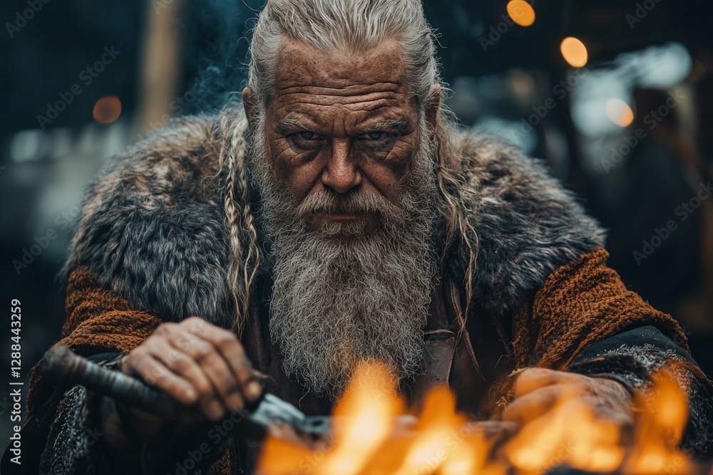 Poster Crafting ancient weapons by the fire in a rustic setting with a skilled blacksmith focused on his work