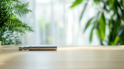 Vaping device on a light wooden desk with a soft backdrop of greenery. Featuring tranquility and nature