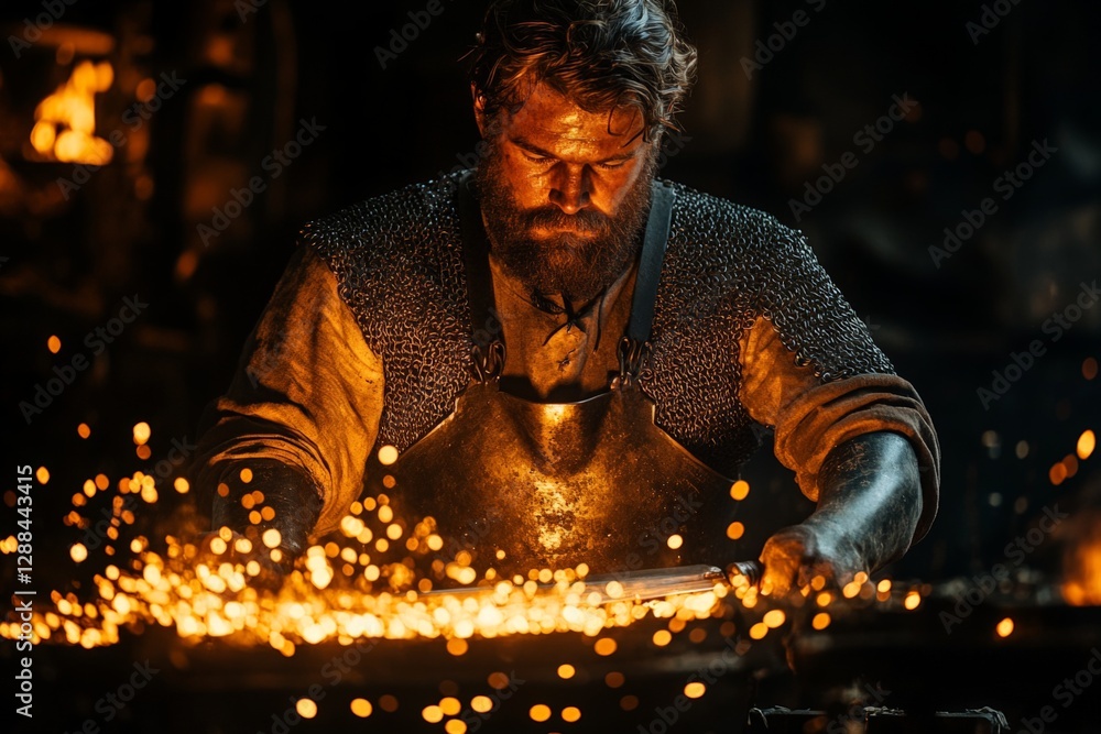 Poster blacksmith crafting a sword in an ancient forge, illuminated by glowing embers and sparks during the
