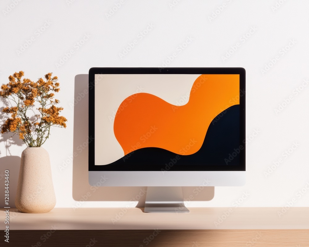 Aufkleber contemporary minimalist desk setup sleek monitor display on wooden surface with ceramic vase - moder