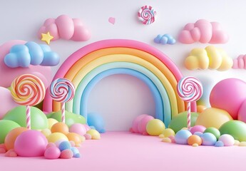 3D cartoon backdrop with a candy land scene, featuring rainbows and lollipops on a white background, in a colorful style.