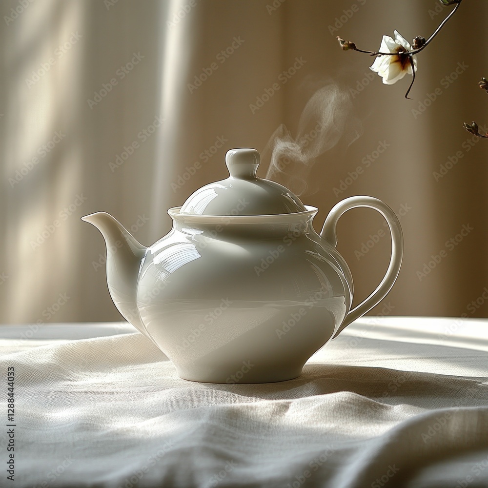 Sticker Steaming white teapot, tranquil morning scene.