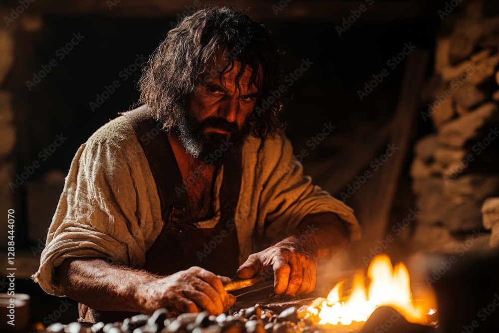 Poster blacksmith working on metalcraft in a rustic workshop during the evening glow of fire