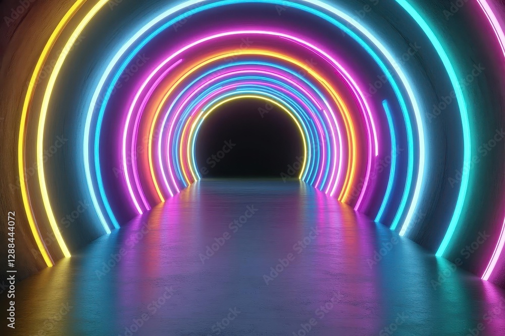 Poster 3D render, abstract futuristic background with neon glowing round lines in a tunnel corridor Glowing, colorful light tubes